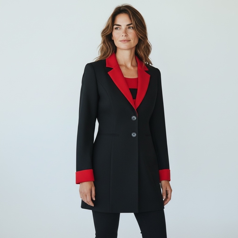 Mary McFadden Collection Womens 8‎ Black Red Longline Blazer & Striped Top Set